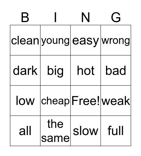 Opposite adjectives Bingo Card