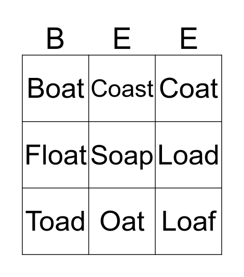'oa' Words Bingo Card