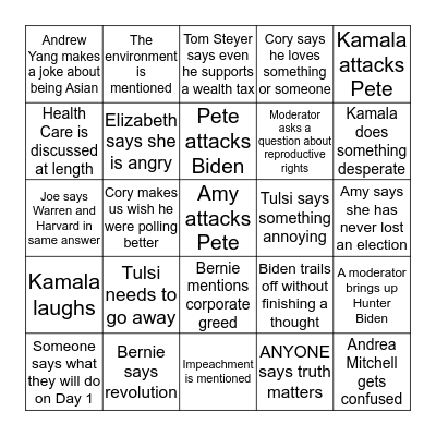 November Democratic Debate Bingo Card