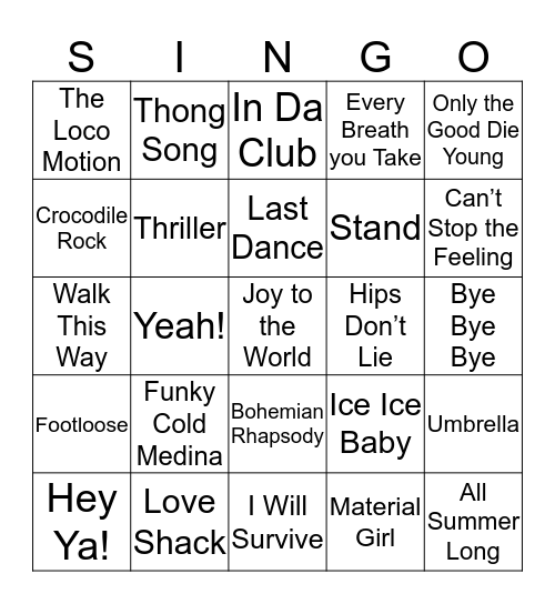 SINGO Bingo Card