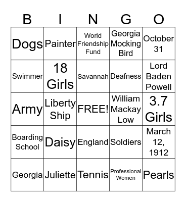 Juliete Gordon Low Bingo Card