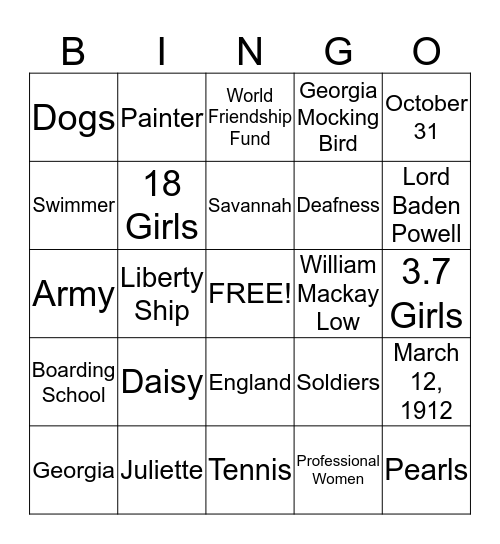Juliete Gordon Low Bingo Card