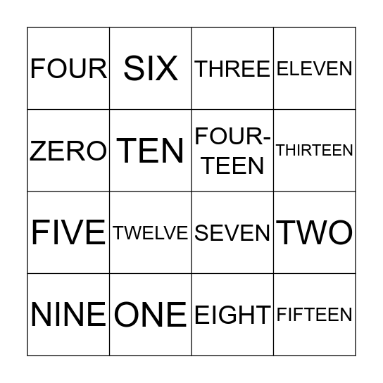 NUMBERS 0-15 Bingo Card