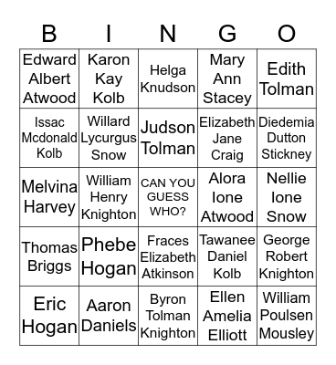 Knighton Family Bingo Card