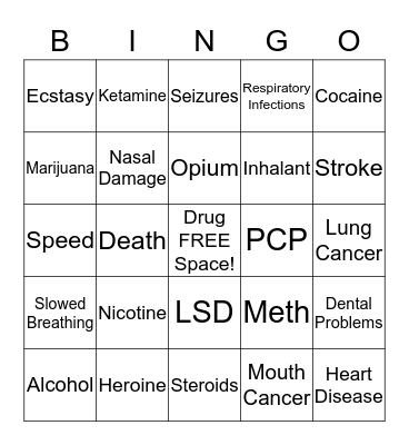 Substance Abuse Bingo Card