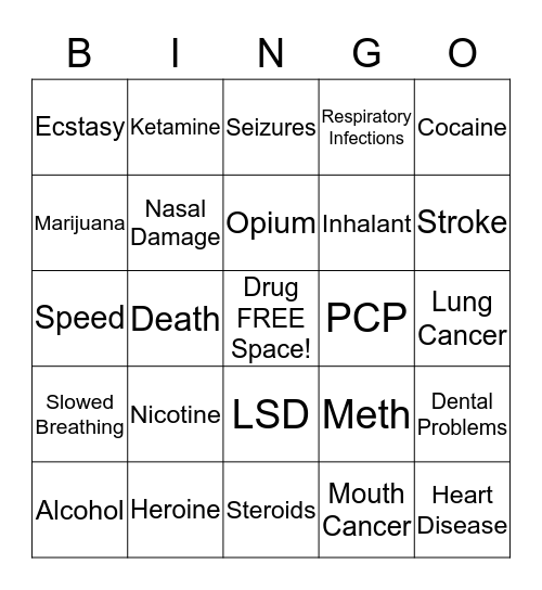 Substance Abuse Bingo Card
