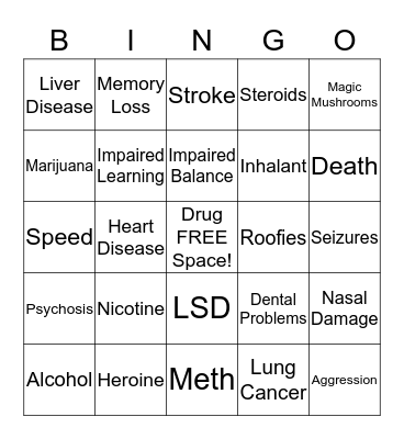 Substance Abuse Bingo Card