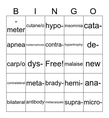 Medical Terminology Bingo Card