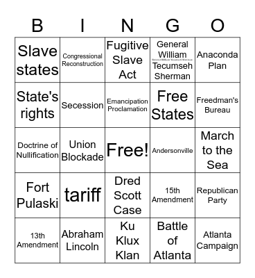 Civil War and Reconstruction Bingo Card