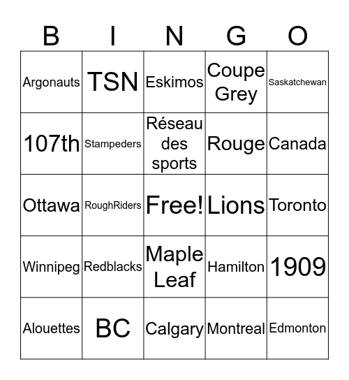 CFL Grey Cup Bingo Card