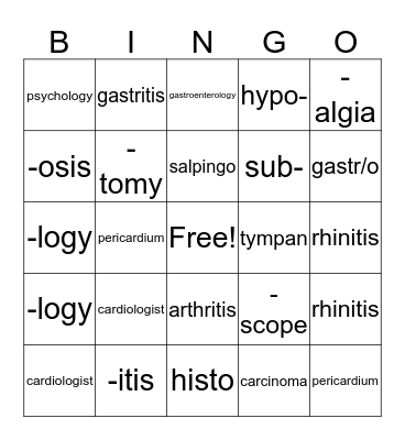 Medical Terminology Bingo Card