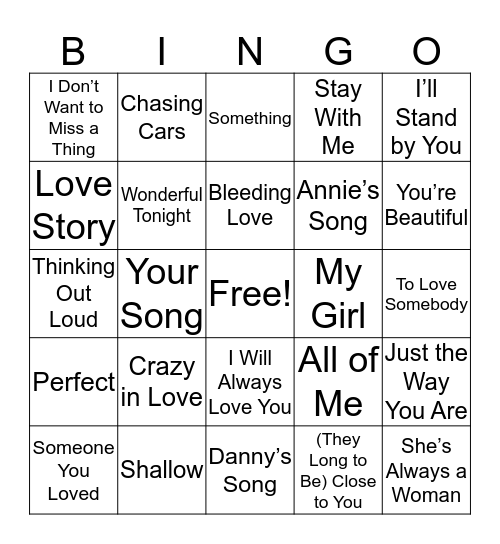 Love Songs Bingo Card