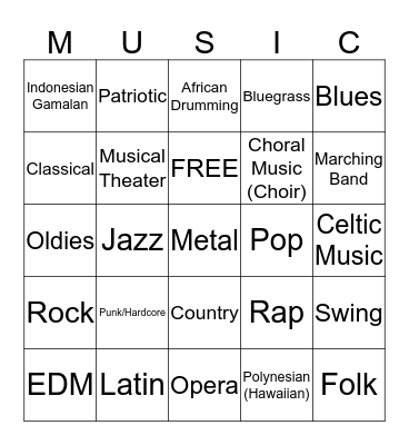 MUSIC GENRE BINGO Card