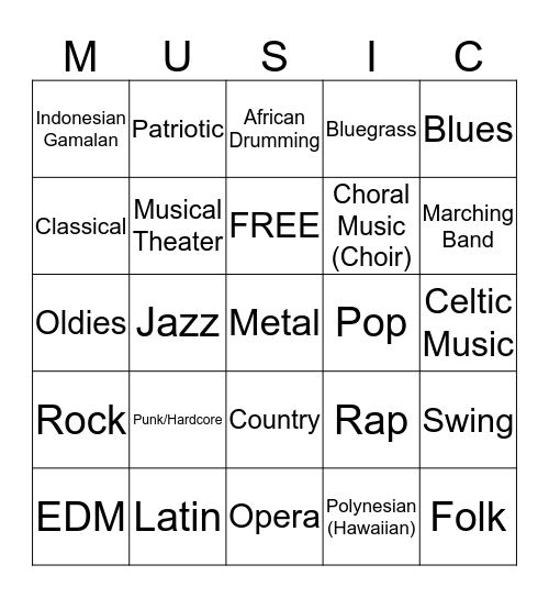 MUSIC GENRE BINGO Card