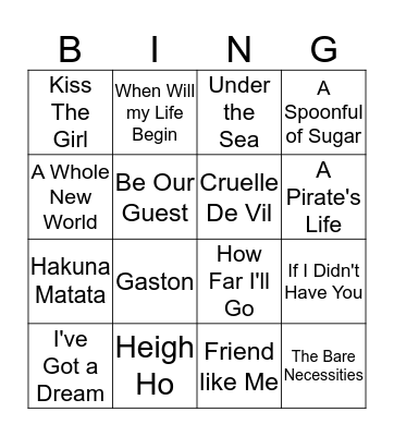 Disney Music Bingo Card