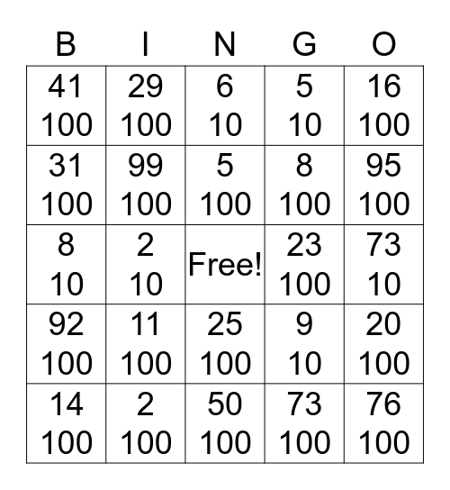 Decimal to Fraction Bingo Card
