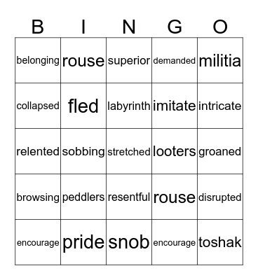 The Breadwinner Chapter 1 & 2 Vocabulary Bingo Card