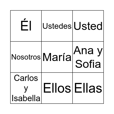 Spanish Subject Pronouns Bingo Card