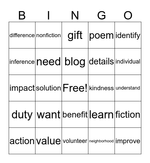 Unit 1 and 2 Vocabulary Review Bingo Card