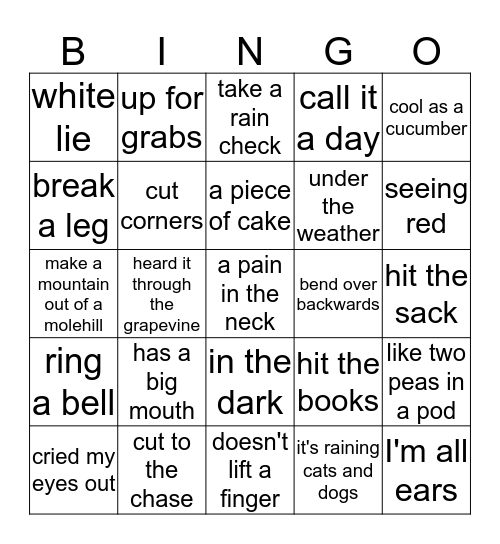 Idiom Bingo Card