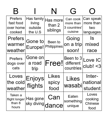 International Bingo  Bingo Card