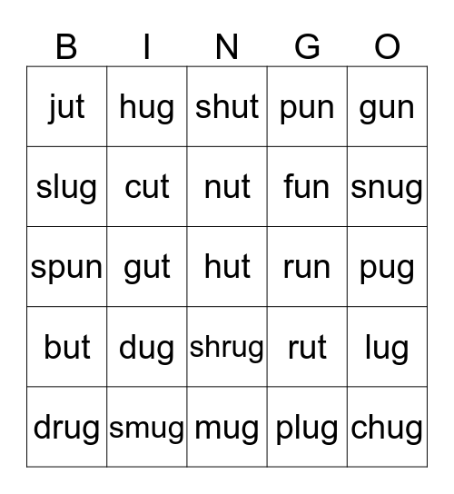 Sort 11 -ug, -ut, -un word families Bingo Card