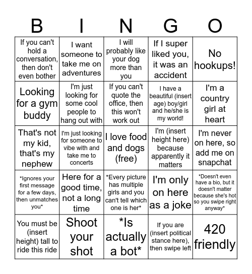 Girl's Tinder Bio Bingo Card