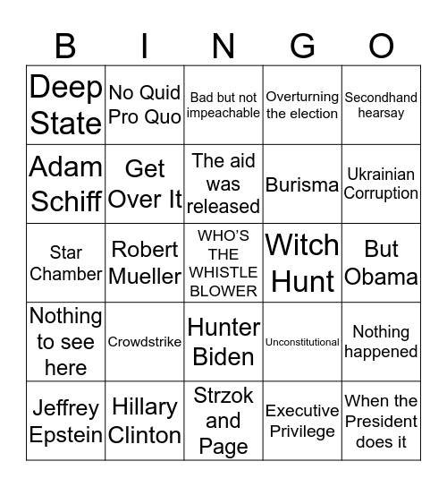 Republican Impeachment Talking Points Bingo Card