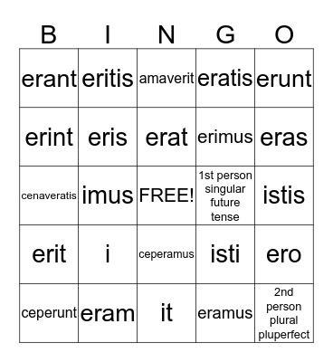 Verbs(perfect/pluperfect/Future Perfect Active) Bingo Card