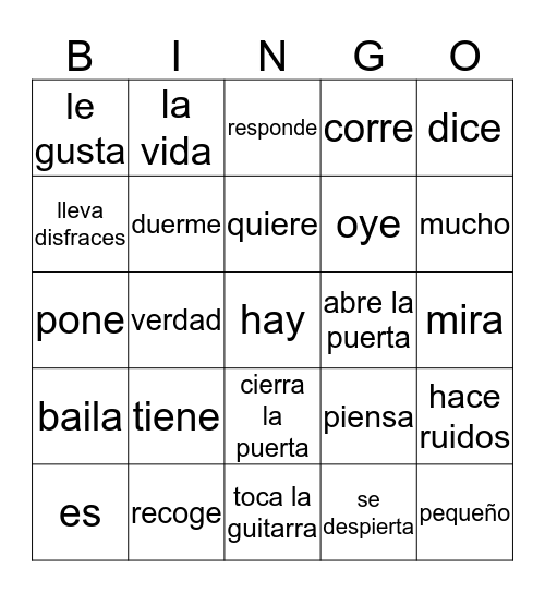 Verbos Bingo Card