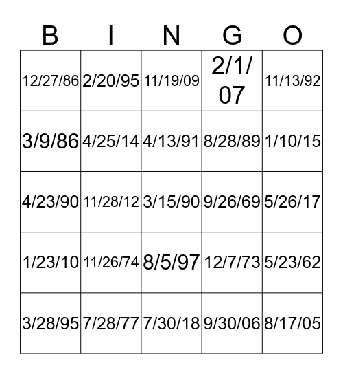 DOB Bingo Card