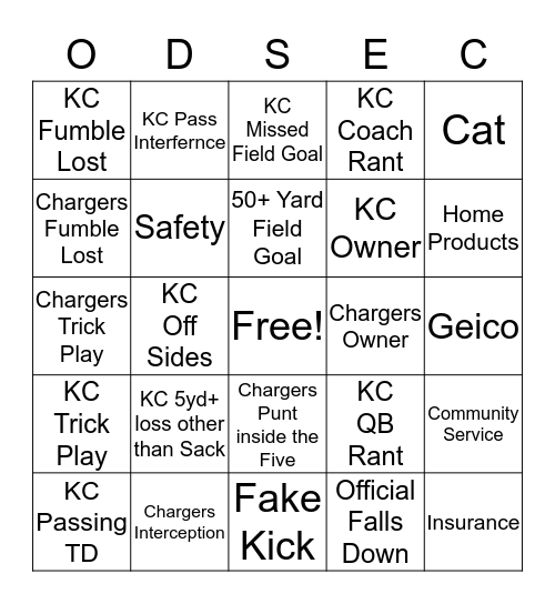1st HALF Bingo Card