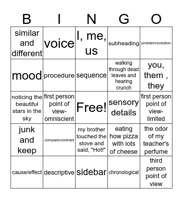 Informative Test and Literary Terms Bingo Card