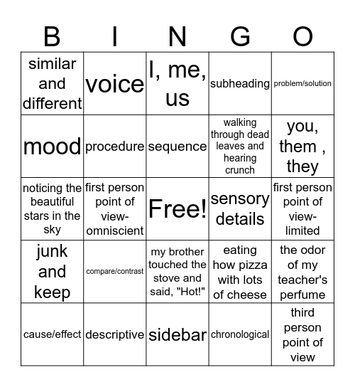 Informative Test and Literary Terms Bingo Card
