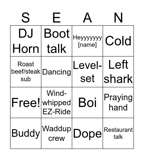 Sean Bingo Card