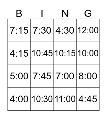 Time Bingo! Bingo Card