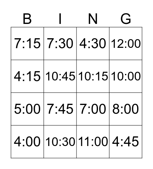 Time Bingo! Bingo Card