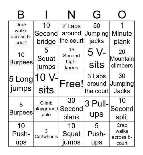 PE Bingo Card