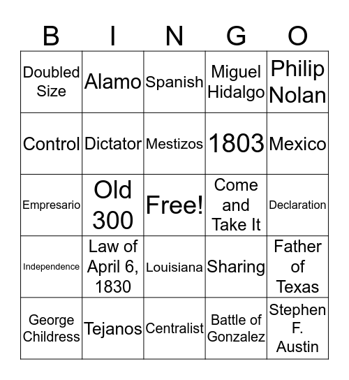 Texas History Bingo Card