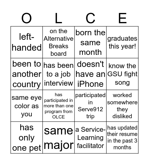 OLCE Bingo Card