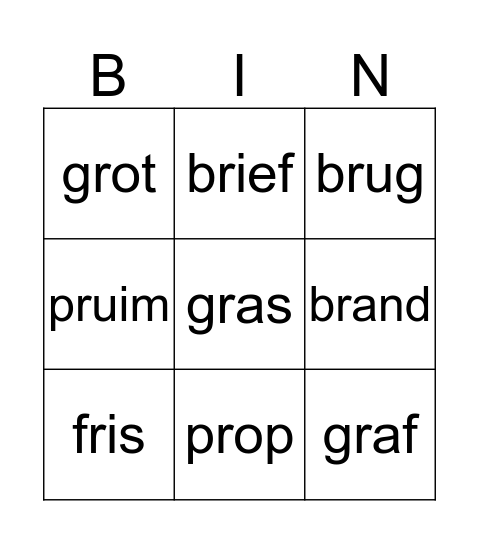 R in cluster (woorden) Bingo Card
