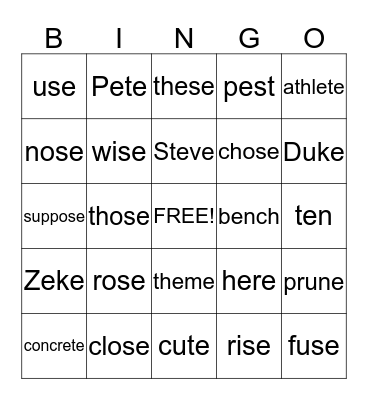 Spire (Silent e) Bingo Card