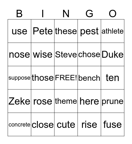 Spire (Silent e) Bingo Card