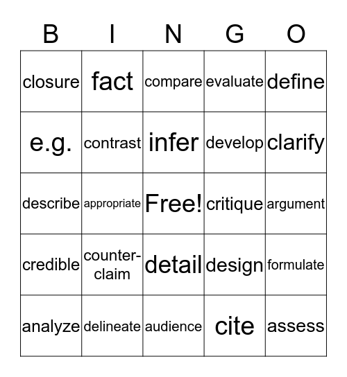 Academic Vocabulary  Bingo Card