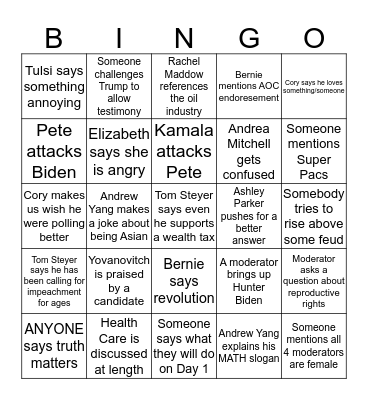 November Democratic Debate Bingo Card