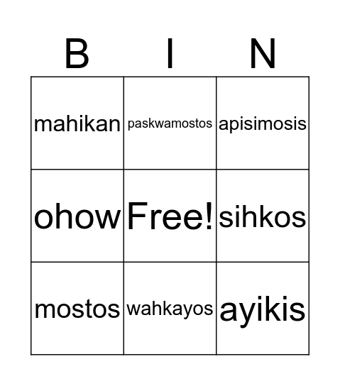 pisiskiwak Bingo Card