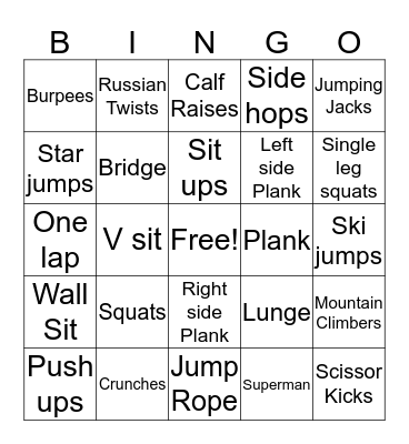 Fitness Bingo Card