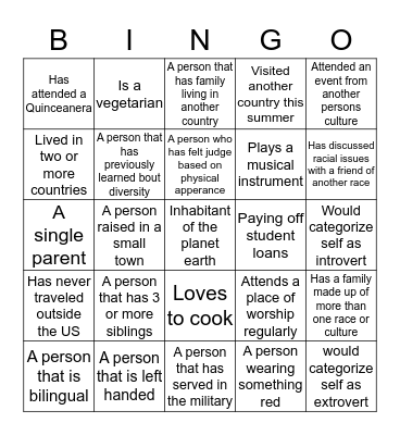 Diversity Bingo Card