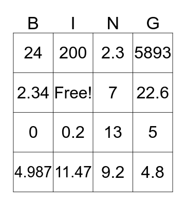 Place Value/Rounding Bingo Card