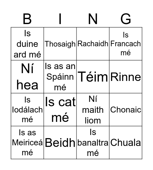 Briathra agus an Chopail Bingo Card